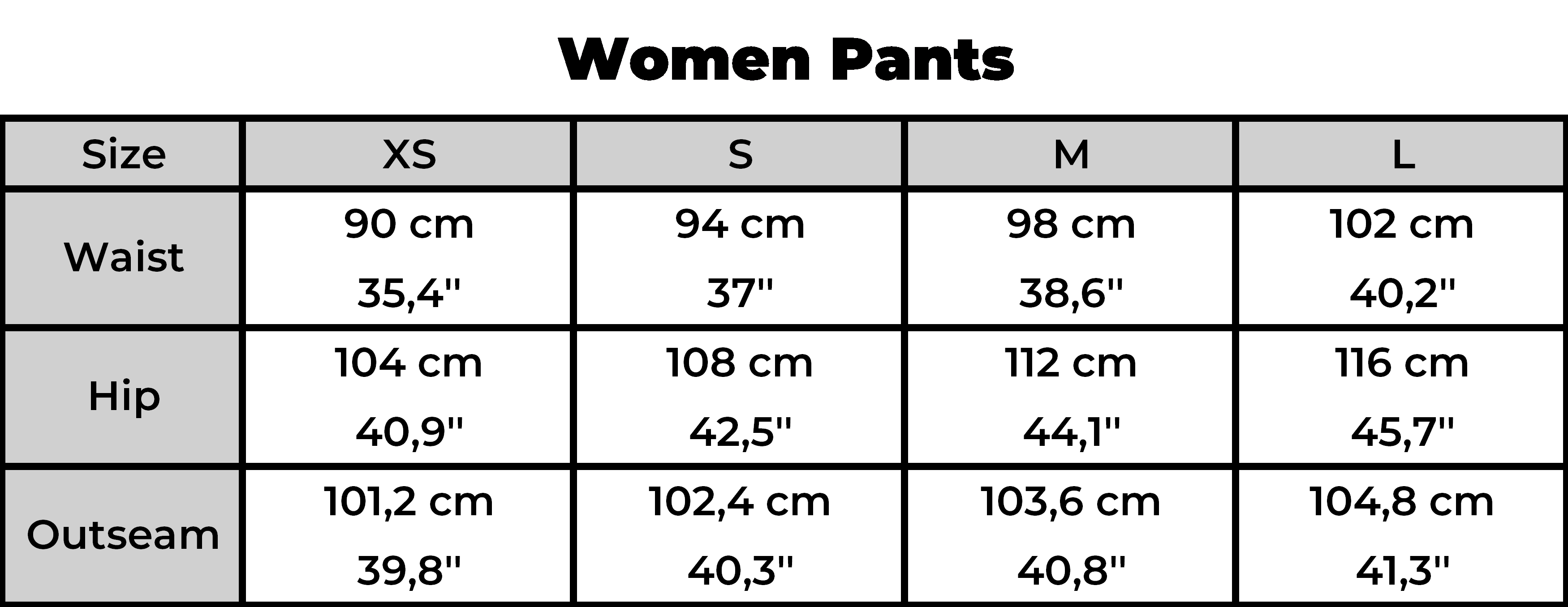 Größentabelle für Damenhosen in den Größen XS bis L. Enthält Maße für Bundweite, Hüftumfang und Außenlänge in Zentimetern und Zoll.