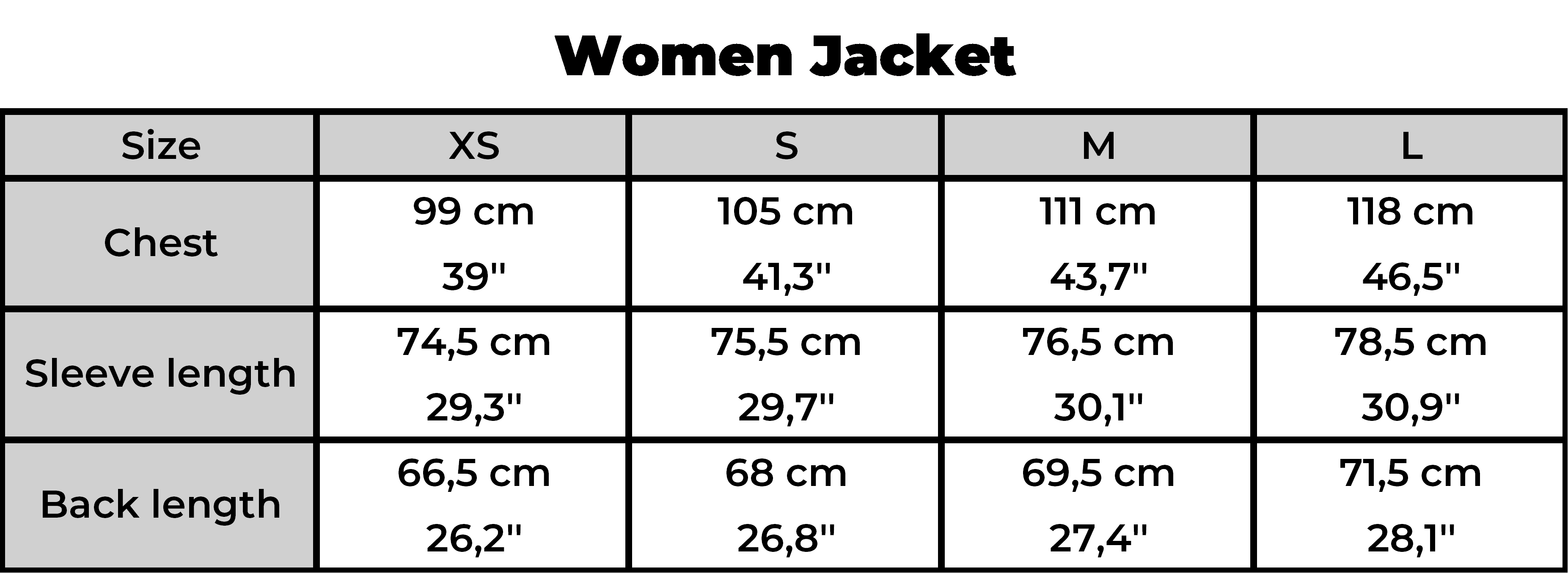 Größentabelle für Damenjacken in den Größen XS bis L. Enthält Maße für Brustumfang, Ärmellänge und Rückenlänge in Zentimetern und Zoll.