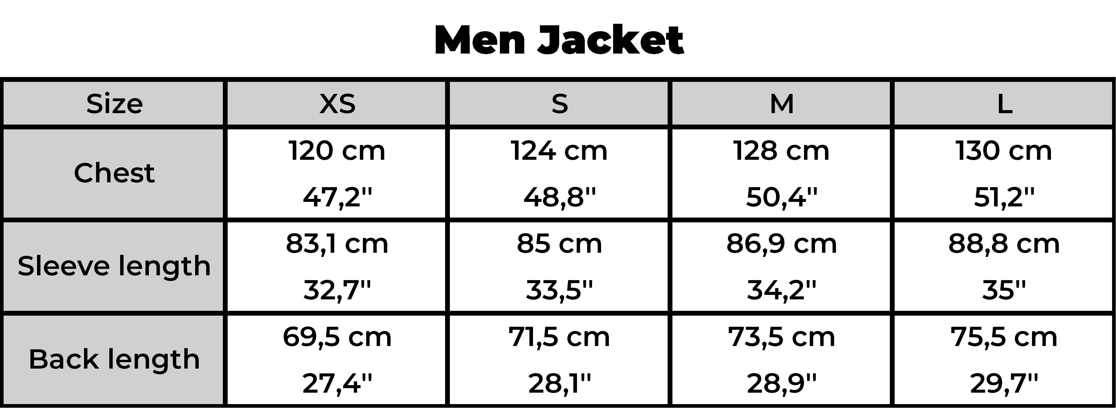 Größentabelle für Herrenjacken in den Größen XS bis L. Enthält Maße für Brustumfang, Ärmellänge und Rückenlänge in Zentimetern und Zoll.